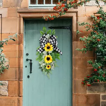 Artificial Sunflower Teardrop Swag for Front Door Lifelike Spring Wreath