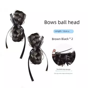 Artificial Wig Hair Band Ribbon Bows Bun Ins style ball head brown and black pair