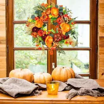 Artificial Wreath Front Door Punkin Rose Berry Branches Mixed Leaves Thanksgiving Wreath Door Wreath For Halloween Thanksgiving Indoor Outdoor