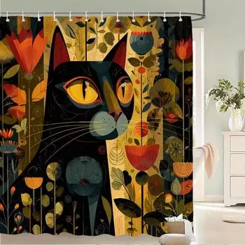 Artistic Black Cat Floral Waterproof Mildew-Resistant Shower Curtain - Unique Design for a Stylish Bathroom Dcor Experience W90XH180cm