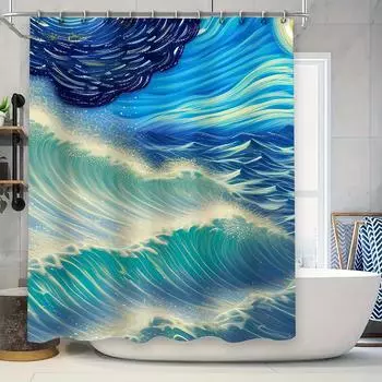 Artistic Ocean Waves Shower Curtain Modern Blue White Design for Bathroom Decorations 3D Printed Waterproof Fabric Easy to Hang 90x180cm