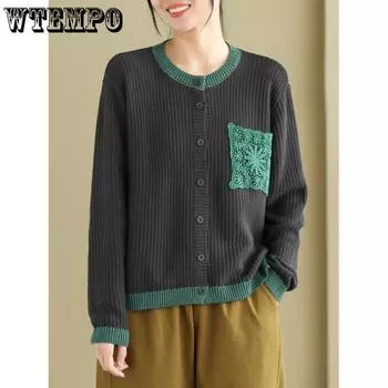 Художественный ретро женский вязаный свитер однобортный контрастный цвет круглый вырез женский кардиган свитер S чёрный