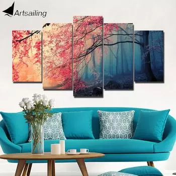 ArtSailing Плакат HD Печать Современное Настенное Искусство Холст Для Гостиной 5 Шт. Фотографии Цветущей Вишни Красные Деревья Лесная живопись