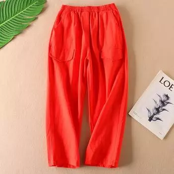 Artsy Cotton and Linen Casual Pants Women s Spring K-style Large Pocket High Waist Slimming All-Matching Cropped Harem Pants Wc3104 Red 3XL