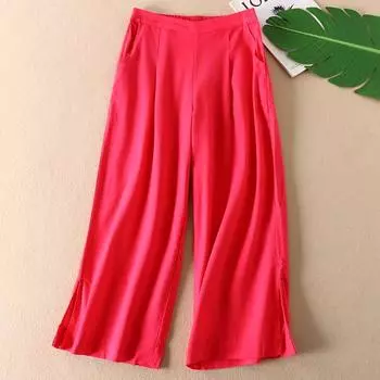 Artsy Natural Color Cotton and Linen Loose Pants Spring Easiest for Match Elastic High Waist Thin Loose Straight-leg Casual Ankle-Length Pants C47 Rose Red All yards