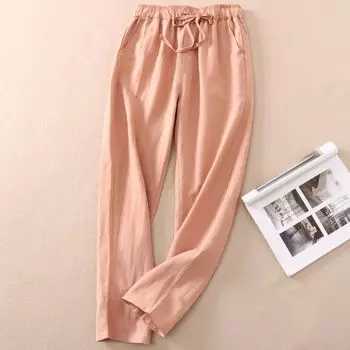 Artsy Wc638 Тонкие гаремные брюки до щиколотки лен Pink S