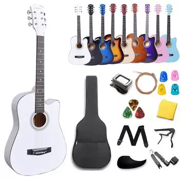Aryari Acoustic Guitar Beginner Set 38 Inch Introductory Practice Beginner Set for Students Children Adults White Guitar Folk Guitar Classical Guitar