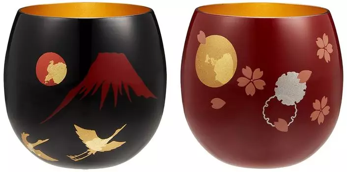 Asahi Glass 70ml Lacquered Circle Madoka Choke 2P Set Fuji with Crane Sake/Shochu Red/Black Red & Setsugekka SCS-OK1001