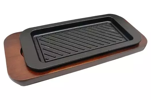 Asahi Steak Plate Wooden Cast Iron Power Plate Long Angle Wave Grain thickness of the bottom of the iron plate is double that of normal heat power