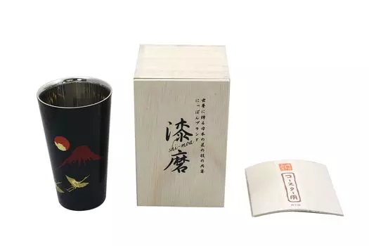 Asahi Straight Cup 250 мл Urushimaro Double layer Prosperity and Good Luck Red Fuji and Crane Traditional Makie x Stainless Steel Cup Paulownia Box
