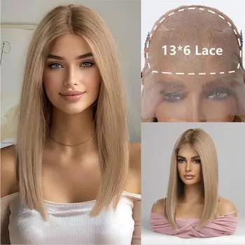 Ash Blonde Lace Synthetic Wigs 13*6 Lace Front Wigs Ombre Natural Dark Roots Wigs for Daily Heat Resistant Fiber