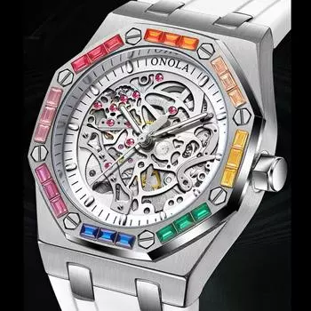 Ashion Rainbow Bezel Мужские механические наручные часы Роскошные сапфировые стекла Выдалбливают Дизайн Светящиеся автоматические часы для мужчин белый/ярко-розовый