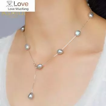 Ashiqi Real S925 стерлингового серебра натуральный пресноводный жемчуг кулон ожерелье серо-белый 8-9 мм барочные украшения для женщин 45cm серый