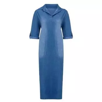 Ashley Woman Женское винтажное летнее свободное длинное джинсовое платье с V-образным вырезом и половиной рукавов с боковыми разрезами L синий