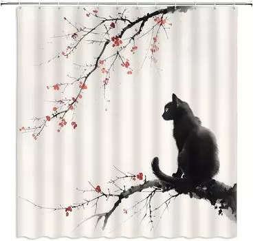Asian Cat Shower Curtain Ink Red Cherry Blossom Oriental Cat Lover Black Cat Bird Bathroom Curtain Polyester Fabric Hook W90xH180cm