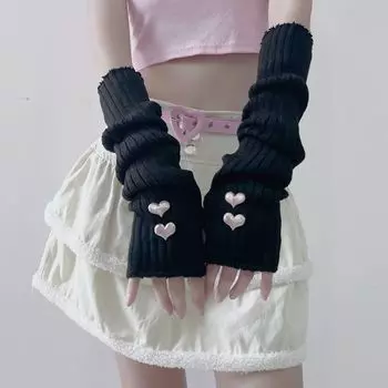 Asian Culture Wear Young Adult Wool Knitting Gloves Oversleeve Japanese Style Y2g Student Cosplay Heattech Arm Sleeve Black Pink Heart One size