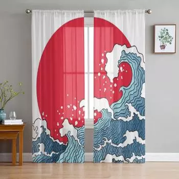 Asian Illustration Of Ocean Waves And Sun Tulle Sheer Curtains for Living Room Bedroom Kitchen Decoration Voile Organza Curtains 135W x 114H(cm)