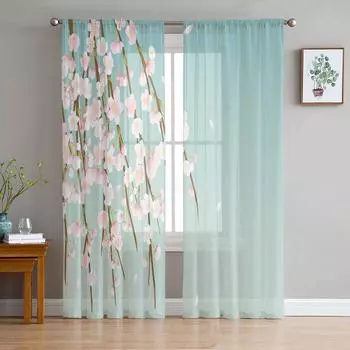 Asian Pink Cherry Blossom Window Treatment Tulle Modern Sheer Curtains for Kitchen Living Room the Bedroom Curtains Decoration W135 x H114cm