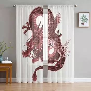 Asian Red Angry Dragon Chiffon Sheer Curtains for Living Room Bedroom Home Decoration Window Voiles Tulle Drapes Curtain W135 x H115cm x1&Rod Pocket