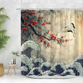 Asian Shower Curtain Ink Painting Crane Cherry Blossoms Japanese Woman Koi Panda Modern Polyester Fabric Bathroom Decor Curtain W90XH180cm