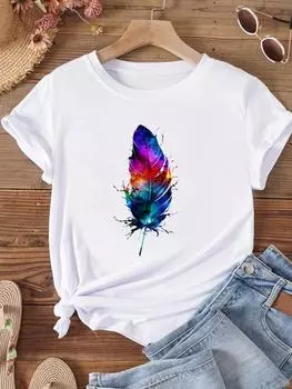(Азиатский размер) Женская футболка в стиле перо с милым любовным трендом, футболка с короткими рукавами, модная женская повседневная футболка с принтом и графическим принтом S