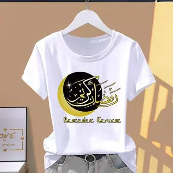 (Asian Size) Graphic Tee Casual T Clothing Print Female Ramadan Cute Trend Casual Women s Top Fashion Short Sleeve T-shirt S