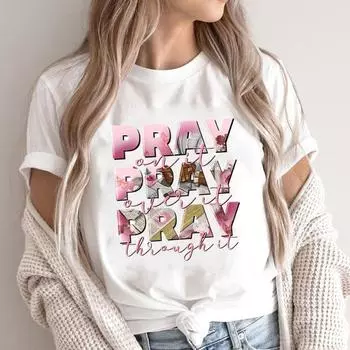 (Азиатский размер) Футболка с графическим принтом, повседневная футболка Faith Letter Trend, симпатичный женский повседневный топ, модная футболка с коротким рукавом S