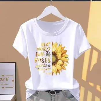 (Asian Size) Graphic Tee Casual T Clothing Flower Letter Trend Cute Print Female Casual Women s Top Fashion Short Sleeve T-shirt S