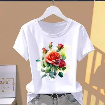 (Asian Size) Graphic Tee Casual T Sweet Watercolor Sweet 90s Clothing Print Female Casual Women s Top Fashion Short Sleeve T-shirt S