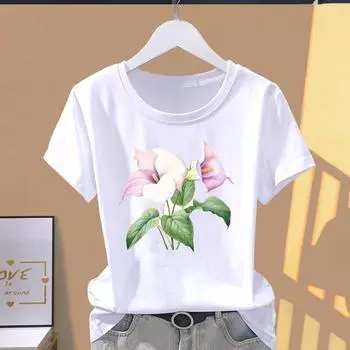 (Азиатский размер) Футболка с графическим принтом, повседневная модная тенденция, цветочный милый принт 90-х, женская повседневная женская футболка с коротким рукавом S