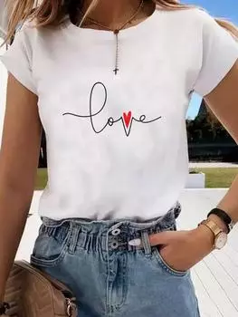 (Азиатский размер) Футболка с графическим принтом, повседневная модная женская футболка с принтом, повседневный женский топ Sweet Love Lovely 90s Lady с коротким рукавом S