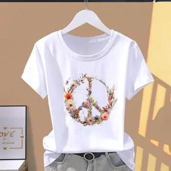 (Азиатский размер) Футболки с коротким рукавом T Clothing Peace Trend Lovely 90s Flower Casual Fashion Print Женская повседневная женская футболка с графическим принтом S