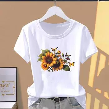 (Азиатский размер) Футболки с коротким рукавом Футболка с акварельным принтом Цветы Бабочки Повседневная мода принт Женская повседневная женская футболка с графическим принтом S