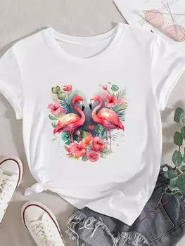 (Азиатский размер) Женская модная футболка с цветочным принтом и фламинго, милая модная одежда с короткими рукавами 90-х годов, повседневная футболка с женским принтом, женская футболка, футболки с графическим рисунком S