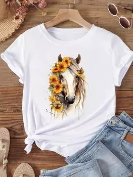 (Азиатский размер) Женская модная футболка с короткими рукавами и рисунком лошади в стиле 90-х годов, повседневная футболка с женским принтом, женские футболки с графическим рисунком S