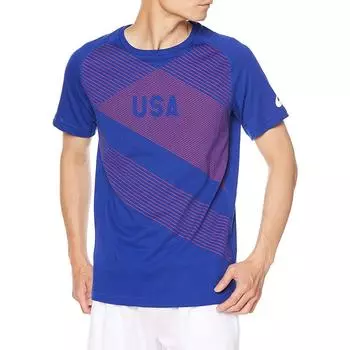 Asics Logo Stripe Print Moisture-Wicking Quick-Dry Breathable Short Sleeve Athletic Shirt Men tops Blue 2091A318-410 S