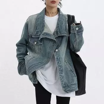 Асимметричная джинсовая куртка, женская осенне-зимняя новая модная куртка, винтажная шикарная куртка с отложным воротником на пуговицах L синий