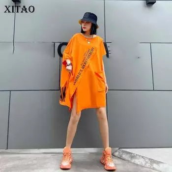 Асимметричная футболка XITAO с рукавами «летучая мышь», модный однотонный тонкий топ с круглым вырезом и индивидуальным принтом WMD0556 One Size белый