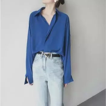 Асимметричная рубашка с V-образным вырезом и длинными рукавами королевского синего цвета 2025 года — стильный выбор владельца магазина! Medium королевский синий