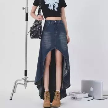 Асимметричная юбка-рыбий хвост из денима больших размеров для женщин с высокой талией - Коллекция Весна/Лето 2024 L