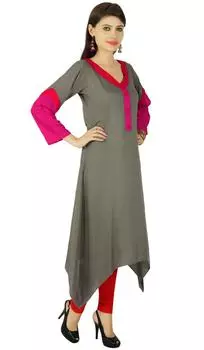 Асимметричное дизайнерское платье-туника Kurta Women Ethnic Kurti из смеси хлопка 10 серый