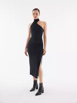 Асимметричное драпированное темно-синее платье с вырезом через шею