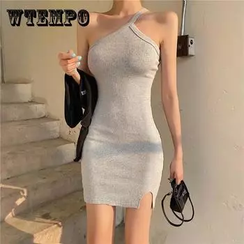 Асимметричное серое черное трикотажное платье одноцветное сексуальное облегающая высокая эластичность без рукавов лето голые плечи S серый