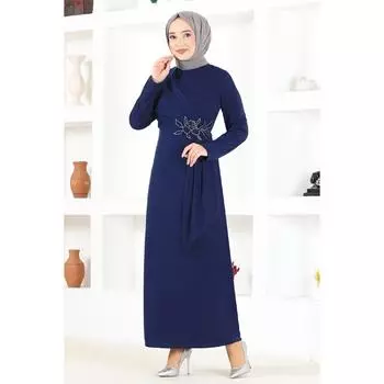 Асимметричное вечернее платье с каменным поясом Платье-карандаш в хиджабе 2580 Темно-синий