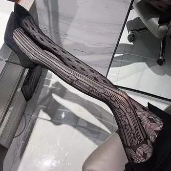 Асимметричные чулки для женщин, сексуальные черные полосатые чулки с сетчатым узором, чулки-колготки с геометрическим узором в виде ромбов [80-70kg] 155-175cm Wear