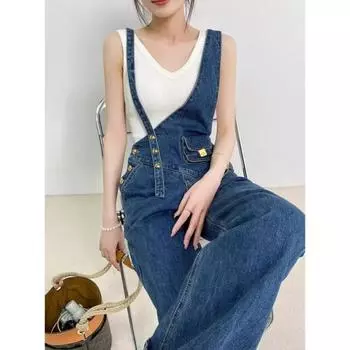 Асимметричные джинсовые брюки с небольшой поясной сумкой и подтяжками для женщин, лето 2024 г., новые универсальные широкие брюки-швабры с металлической пряжкой S синий