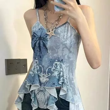 Асимметричные майки для женщин, нишевый дизайн, летняя индивидуальная одежда для девочек, модная верхняя одежда с принтом тай-дай, повседневная шикарная одежда для студентов S синий