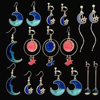 Асимметричные серьги для девочек Creative Blue Universe, аксессуары для ушей, милые серьги-подвески с подвесками в виде звезд и луны, длинные серьги-цепочки с кисточками 1