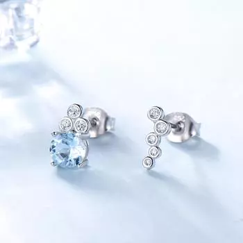 Асимметричные серьги для женщин, небесно-голубые, белые, круглые, из стерлингового серебра 925 пробы, серьги-гвоздики с кубическим цирконием небесно-голубой