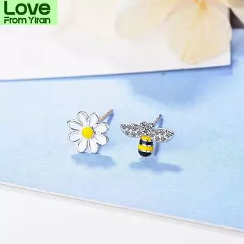 Асимметричные серьги-гвоздики из стерлингового серебра 925 пробы в виде пчелы и цветка солнца с блестящим цирконом для женщин, ювелирные изделия S -E644